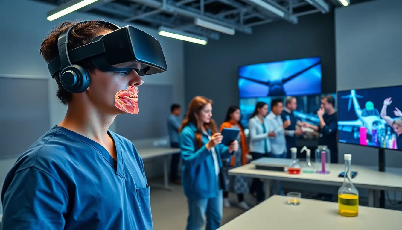 diverse professionals engaged in virtual reality training for various fields.