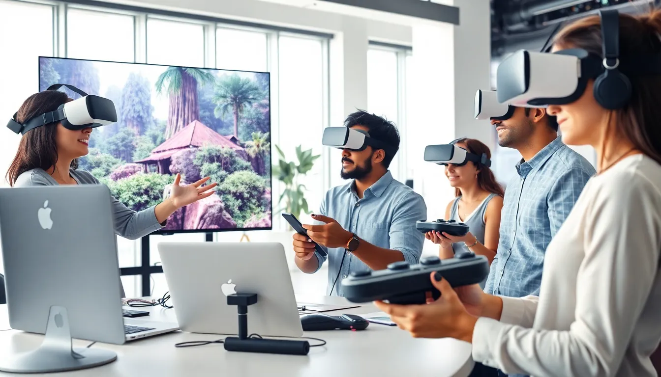 diverse VR development team collaborating in a modern workspace.