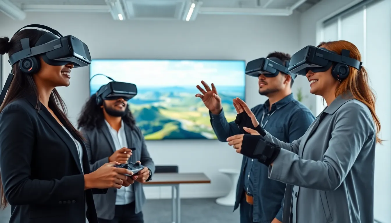 diverse team interacting with virtual reality technology in a modern office.