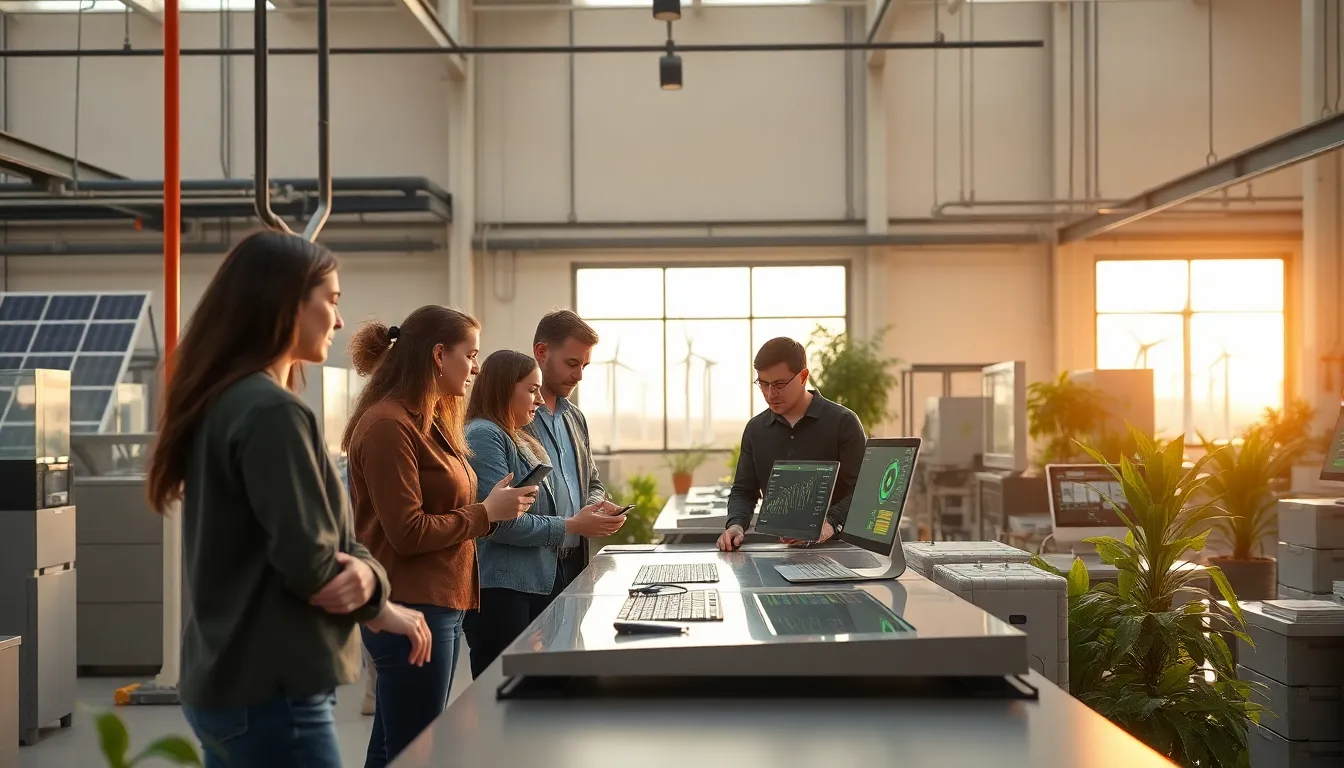diverse team collaborating in a sustainable manufacturing facility.