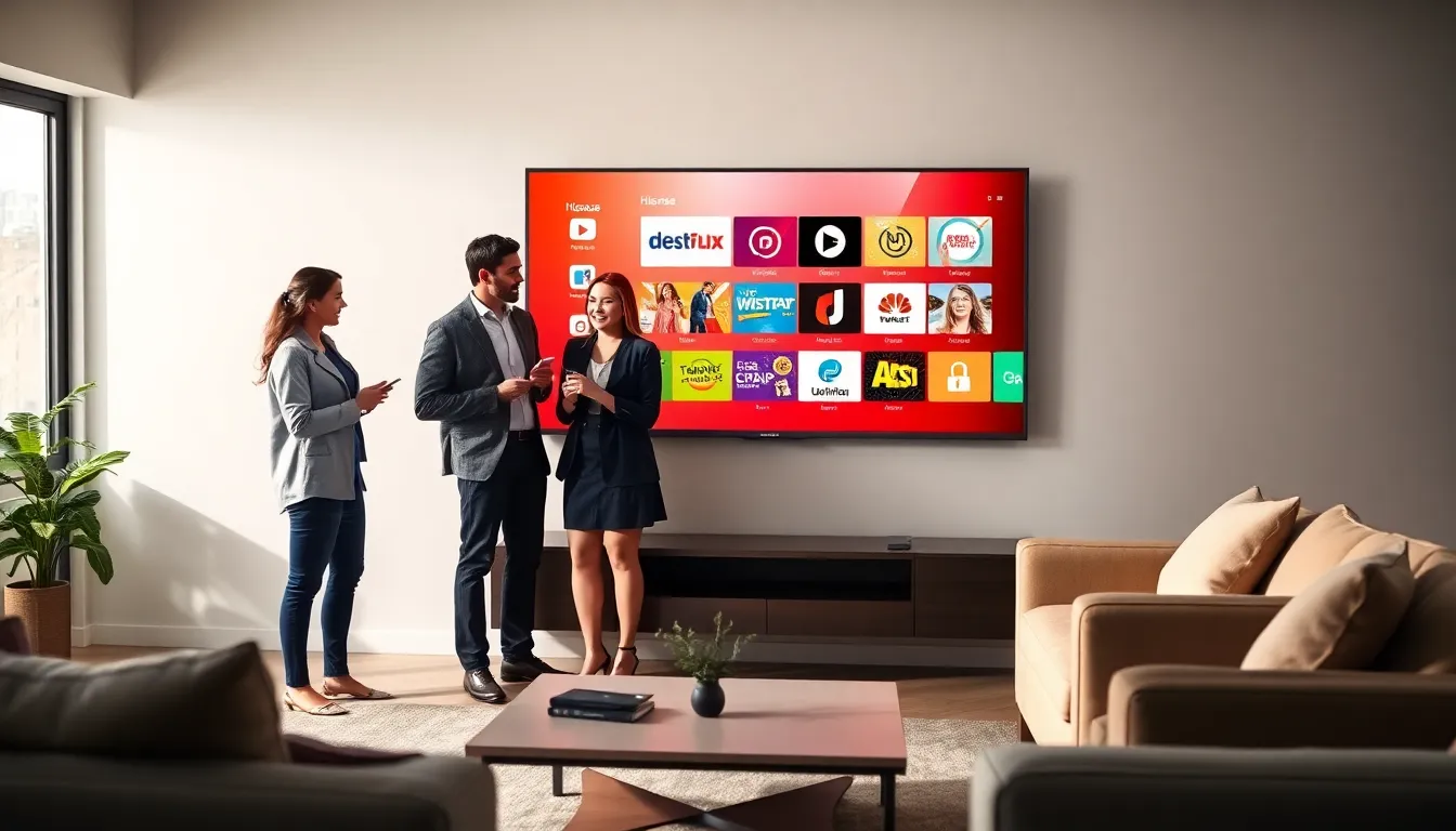 diverse team discussing features of a Hisense Smart TV in a modern living room.