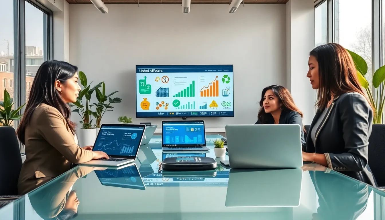 diverse team discussing sustainable technology in a bright office.