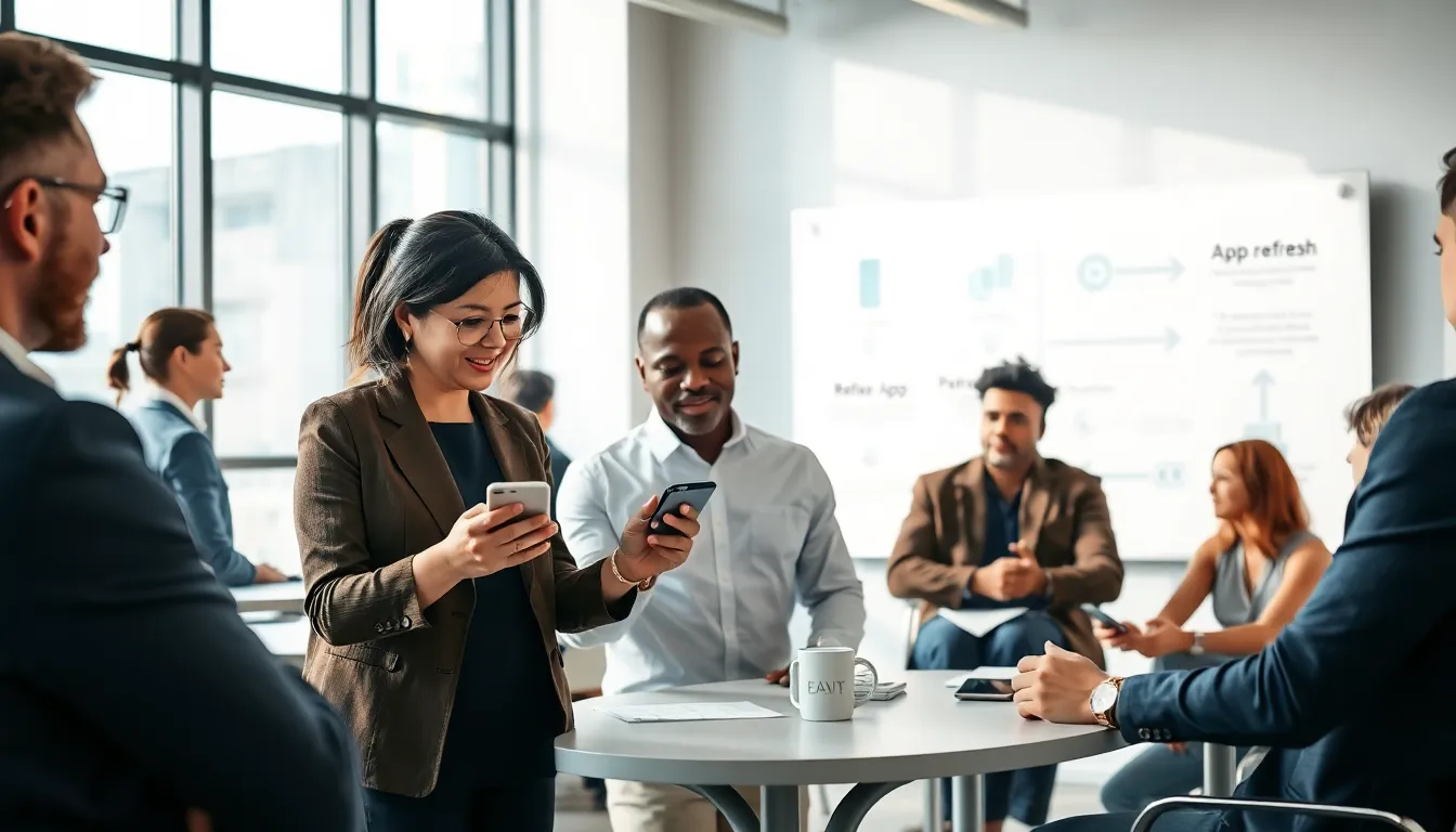 Professionals discussing app refresh techniques in a modern office.