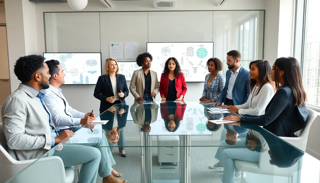 diverse team discussing sustainable fashion in a modern office.