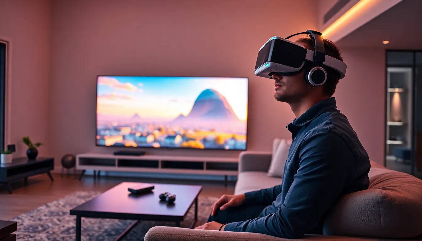 young professional immersed in virtual reality in a modern living room.