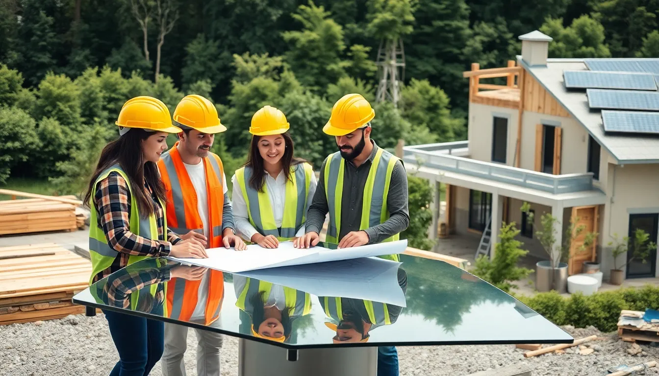 diverse team collaborating on sustainable construction in a modern setting.