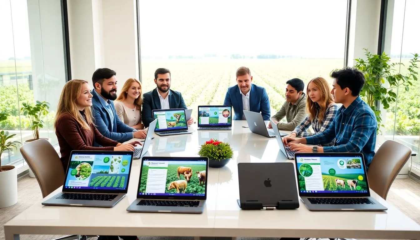 diverse team discussing sustainable agriculture technology in a bright office.