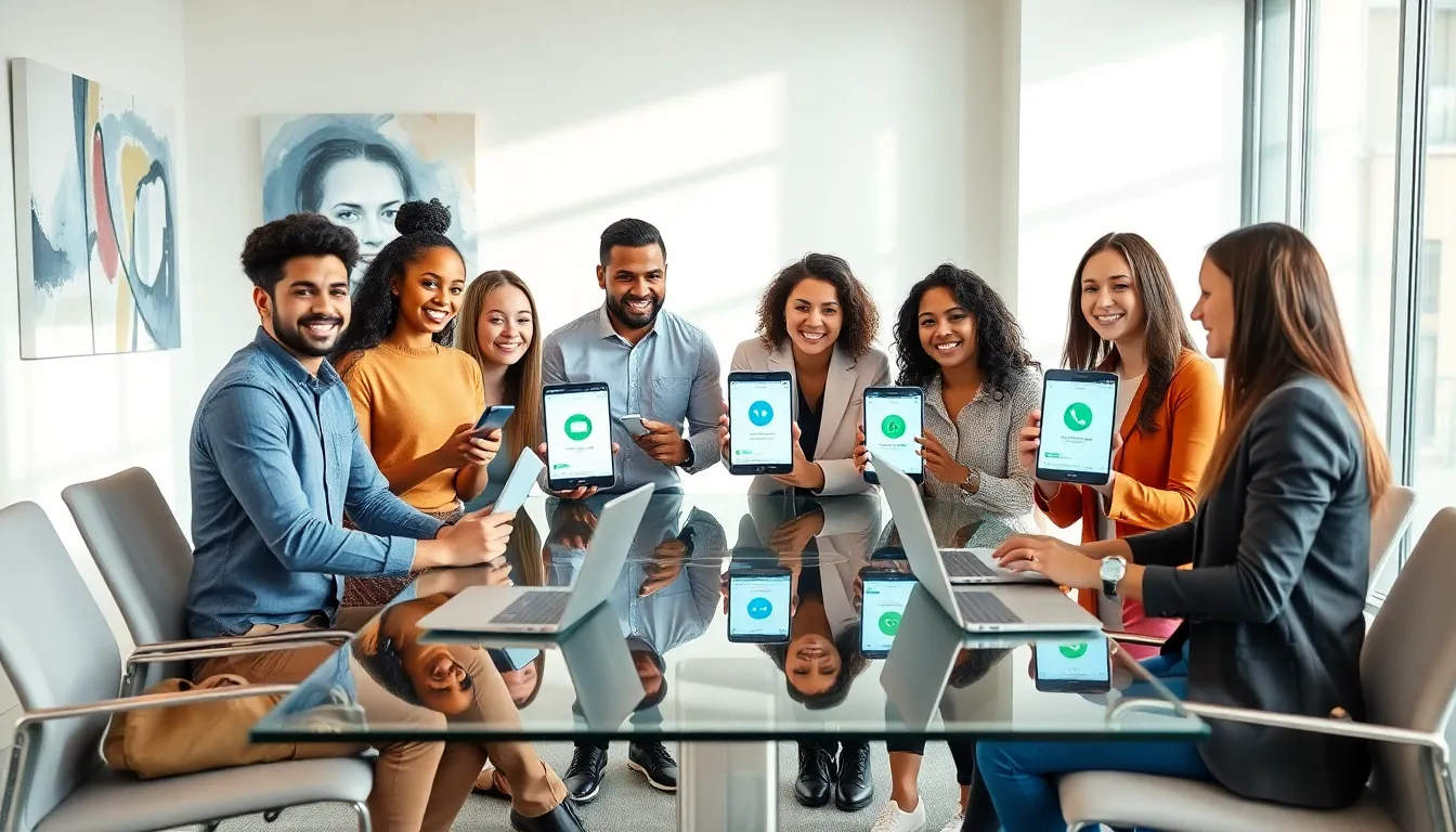 diverse professionals discussing P2P payment apps in a modern office.