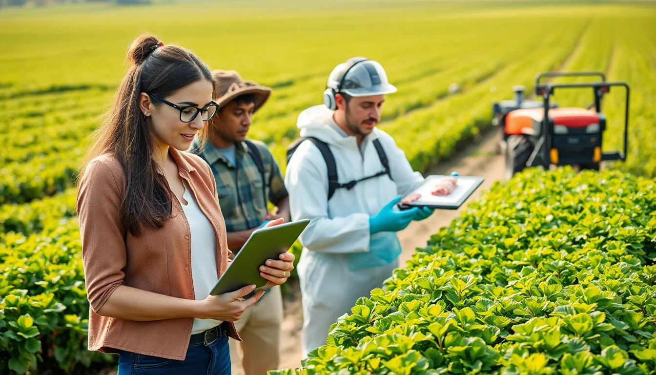 diverse professionals working on sustainable food technology in an agricultural setting.